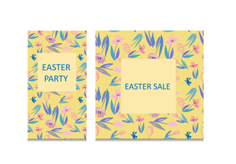Set vector template of easter sale banner with tulips on the yellow background. For design of flyers with discount offers.