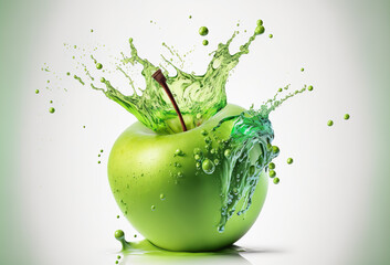 Fototapeta na wymiar Green apple in a splash of water. Explosion of clear liquid and droplets on white background. AI generated.