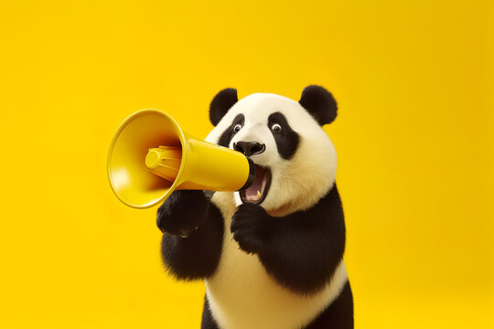 Panda shouting through megaphone isolated on yellow background. Generative ai