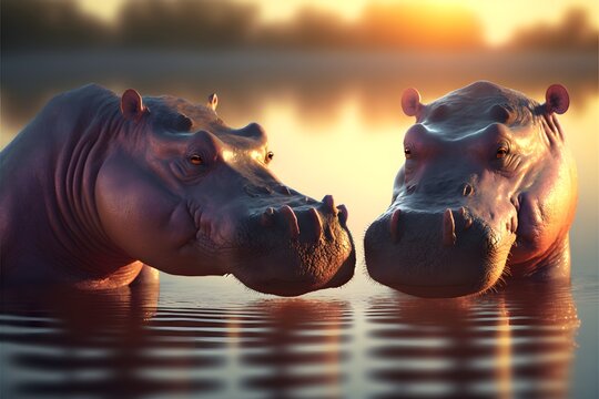 Two Hippopotamus Playing In The Water Vibrant Color Smiling At Sunset Fully Color Graded Vfx Cinematic Intricate Detail Unreal Engine Studio Lighting High Octane Render Photo Realism 