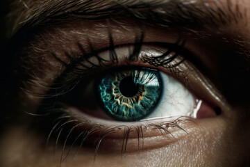 Fototapeta premium Macro view of a beautiful female eye in stunning blue color. Close-up of the iris, pupil and lashes with focus on the optical anatomy. Perfect of beauty, skin and anatomy. AI Generative.