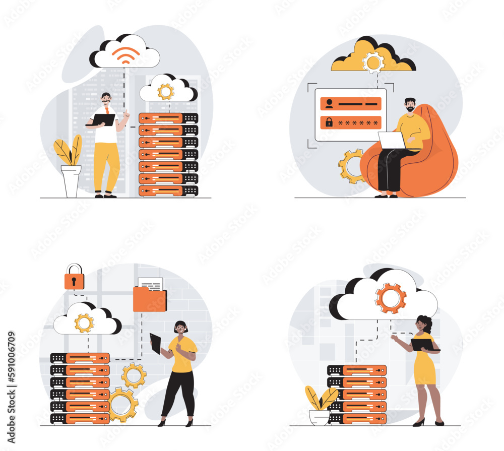Fototapete cloud data center concept with character set. collection of scenes people work in server room with c