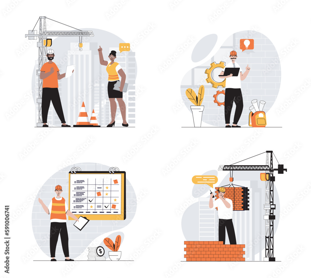 Aufkleber construction engineer concept with character set. collection of scenes people work as builders, arch