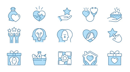 Mental health icons, such as donation, charuty, empathy, integrity and more. Vector illustration isolated on white. Editable stroke. Change to any size and any colour.