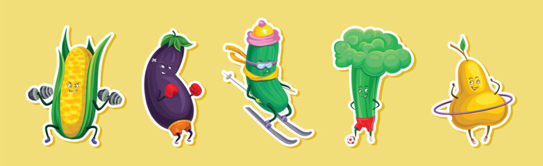 Funny Fruit and Vegetable Doing Sport and Fitness Health Sticker Vector Set
