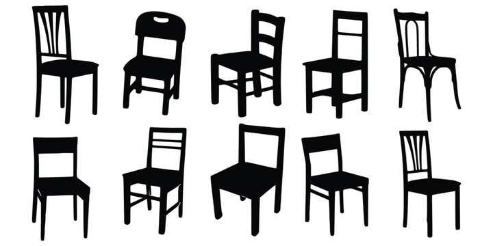 Ten Wooden Chairs Silhouette vector, Chair silhouette vector.