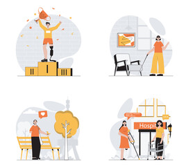 Disabilities people concept with character set. Collection of scenes handicapped people being rehabilitated at hospital, walk in park, wining Paralympic Games. Vector illustrations in flat web design