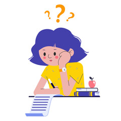 Fototapeta na wymiar Girl on school exam. Kid study and think about test or homework in class. Pupil confused how to do survay on blank. Vector illustration about child education