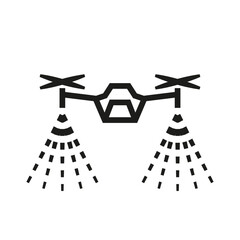 Drone spraying agent on crops.  Black illustration of agricultural automation. Contour isolated vector image on white background