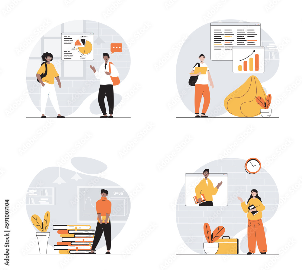 Poster Education and learning concept with character set. Collection of scenes people studying at lessons and webinars, discussing report presentation, reading books. Vector illustrations in flat web design