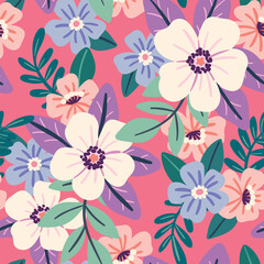 Seamless floral pattern, cute ditsy print with pretty decorative flora. Botanical design with hand drawn plants: small and large flowers, leaves in bouquets on a pink background. Vector illustration.