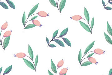 Seamless floral pattern, delicate ornament with a rustic motif: foliage and berries on a white background. Cute botanical design: hand drawn small berries, large leaves, branches. Vector illustration.