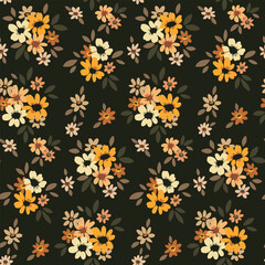 Seamless floral pattern, liberty ditsy print with cute autumn botany. Pretty botanical design for fabric, paper: small hand drawn flowers, tiny leaves, bouquets on dark background. Vector illustration