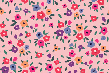 Seamless floral pattern, liberty ditsy print of cute colorful meadow. Pretty botanical design for fabric, paper: tiny hand drawn flowers, small leaves on pink background. Simple flower surface. Vector