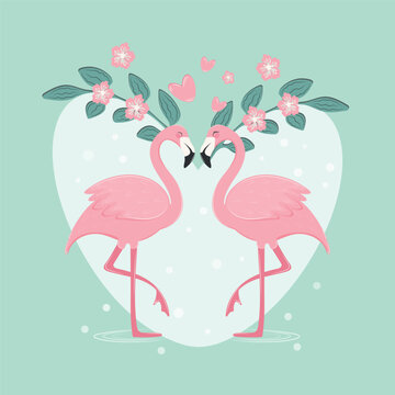 Pink flamingo. Love and tenderness is a cute illustration for a postcard, cover, packaging, banner, poster. Vector illustration
