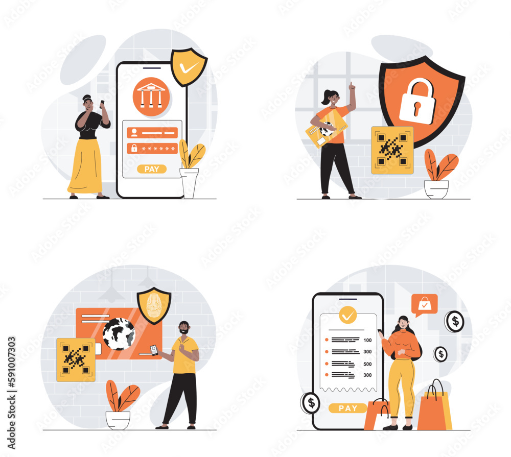 Poster Secure payment concept with character set. Collection of scenes people make online purchases with secure transaction, protect financial account and credit card. Vector illustrations in flat web design