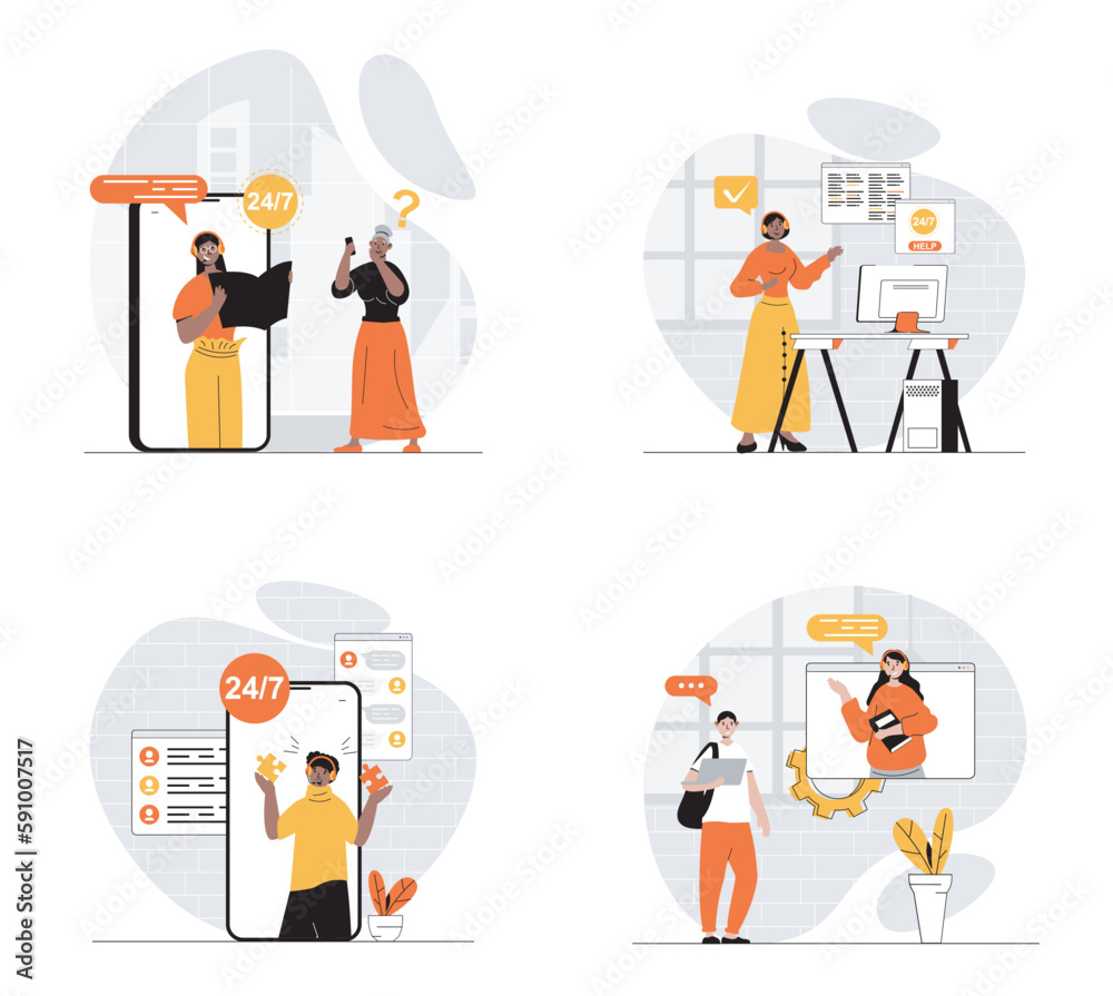 Fototapete Customer support concept with character set. Collection of scenes people in headset consulting clients and solving tech problems via calls and online chats. Vector illustrations in flat web design
