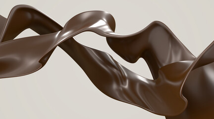 Chocolate waves, dark brown liquid glossy ganache sauce or syrup, flow of curved melt glaze, spiral of sweet choco or bitter dessert with fluid texture isolated on background, pattern. 3D illustration