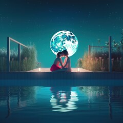 Lesbian couple relaxing in swimming pool at night, love, hugs and acceptance, Generative AI