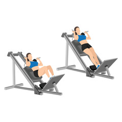 Woman doing machine hack squat exercise. Flat vector © lioputra