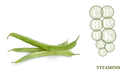 Obraz premium fresh ripe green bean pods isolated on white background with marking of vitamins found in green bean