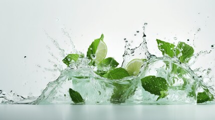 Fototapeta na wymiar a group of limes splashing into a glass of water with ice cubes and mints on a white background with a splashing effect. generative ai