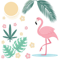 Obraz premium Pink flamingo. Summer, heat, tropics. Cute illustration for a postcard, cover, packaging, banner, poster. Vector illustration