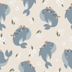 Pattern for kids with whales. Vector hand-drawn colored childish seamless repeating simple doodle pattern with whales in scandinavian style. Cute baby animals. Kids design. © Anna Kubasheva