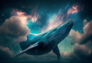 Fototapeta na wymiar A whale floating in the air with clouds around it and a star filled sky above highly detailed digital painting a digital painting fantasy art. Generative AI
