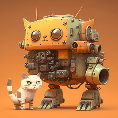 Orange armed robot cat, stand with little cat, orange background