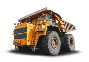 Fototapeta Large quarry dump truck. Big yellow mining truck at work site. Loading coal into body truck. Truck transparent background . Mining truck mining machinery to transport coal from open-pit production obraz