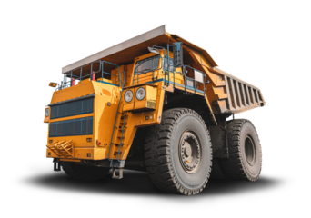Large quarry dump truck. Big yellow mining truck at work site. Loading coal into body truck. Truck transparent background . Mining truck mining machinery to transport coal from open-pit production