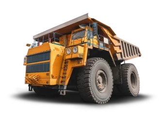 Fotobehang Vrachtwagen Large quarry dump truck. Big yellow mining truck at work site. Loading coal into body truck. Truck transparent background . Mining truck mining machinery to transport coal from open-pit production  © timofeev