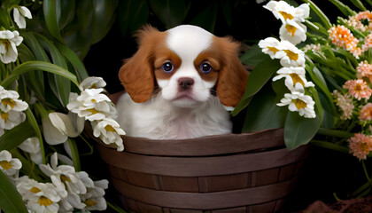 Generative AI, Puppy Love: A Cute Pup Poses in a Basket Amidst a Floral Paradise