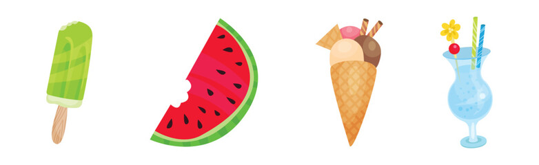 Tropical Objects and Element with Cocktail, Eskimo, Watermelon and Ice Cream Vector Set