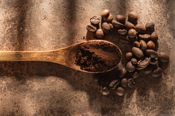 Food background- roasted coffee beans. Still life- dark food photography. Chiaroscuro- dark style