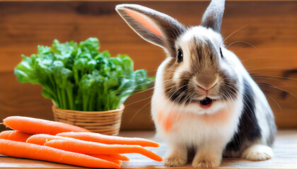 Generative AI, Bunny Bliss: A Pet Rabbit Nibbles on Carrots in a Cozy Indoor Haven