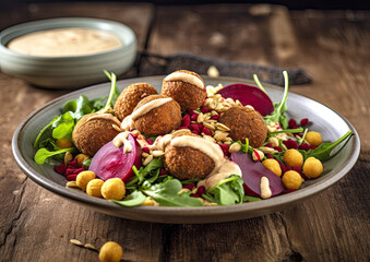 Fototapeta na wymiar Beetroot Salad with Roasted Chickpeas, Tahini Sauce and Vegetarian Scotch Eggs Generative AI Illustration