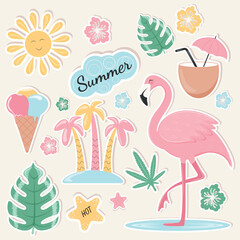 A set of stickers. Pink flamingo. Summer, heat, tropics. Vector illustration
