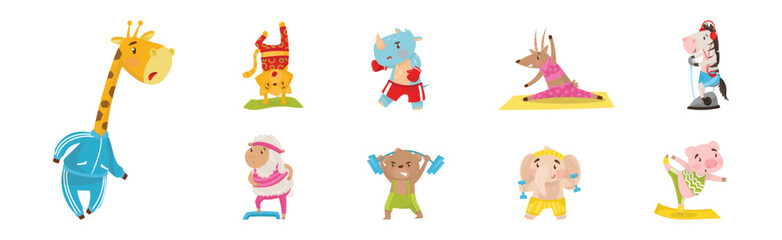 Funny Animals in Sportswear Doing Sport Activity Vector Set