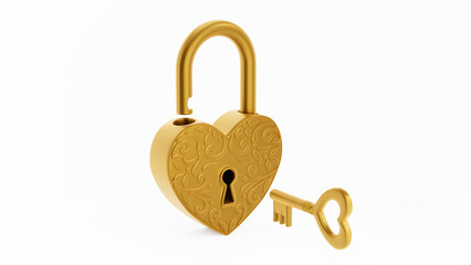 Antique golden padlock with key in the form of a heart. 3D Illustration