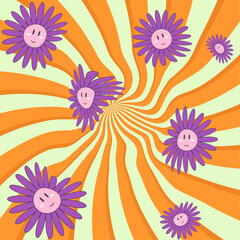 Fototapeta na wymiar 1970 Daisy Flowers, Trippy, Wavy Swirl Seamless Pattern Pack in retro Colors. Seventies Style, Groovy Background, Wallpaper. Flat Design, Hippie Aesthetic.