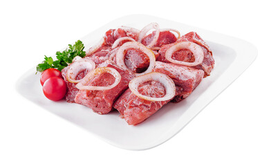 Raw pork meat with onions and spices for cooking kebabs