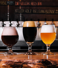 craft beer in glasses on table in pub interior