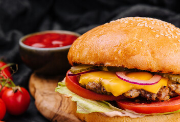 Burger, hamburger with french fries cutting board