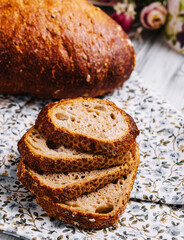 Sliced rye bread close up on table