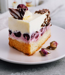 Slice of cherry cheesecake on plate