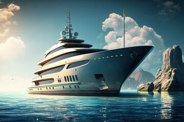 Fototapeta premium Modern luxury yacht floating in the sea or ocean on a sunny day, Generative AI