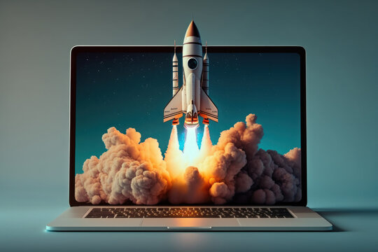 Launching space rocket from laptop screen, Generative AI