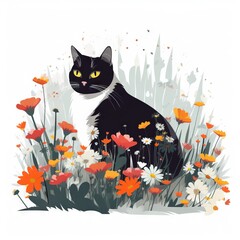  a black and white cat sitting in a field of flowers. generative ai